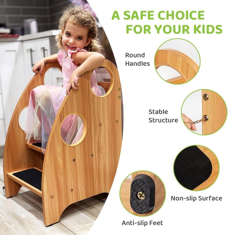 StrongTek Kids Step Stool, Step Ladder with Wheels & Safety Handles, 3-Tier Wooden Toddler Standing Tower, Convertible Chair with Non-Slip Steps, 350 lbs Capacity for Kitchen & Bathroom - Image 3